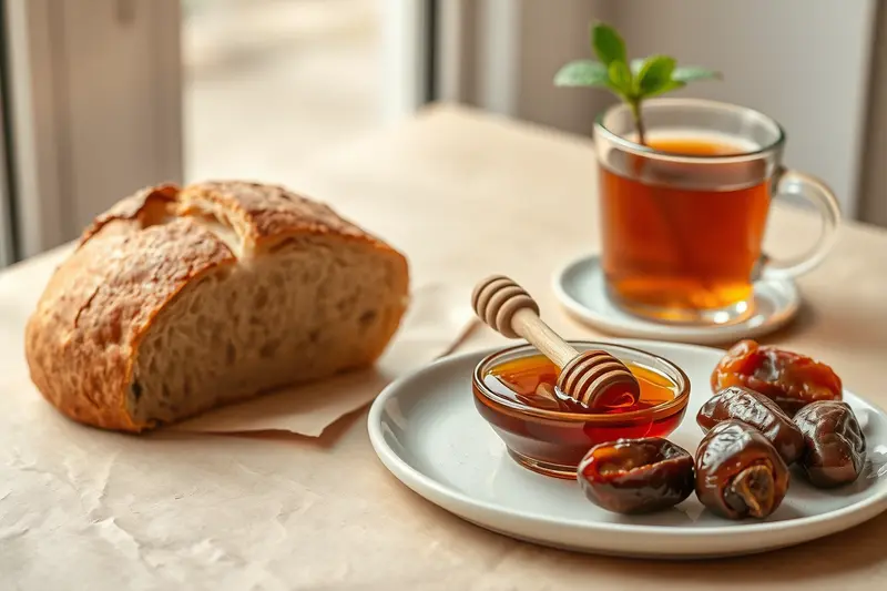 Coffret cadeau miel : table de petit-déjeuner — pain, coupelle de miel ambre, dattes et thé à la menthe