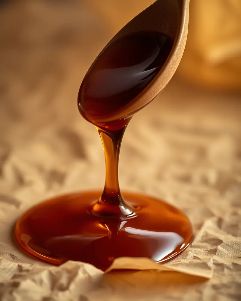 Miel de jujubier du Maroc : illustration de robe — coulée ambre profond aux reflets acajou sur cuillère en bois